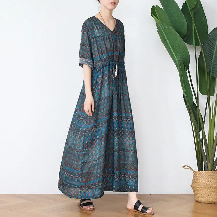 boho maxi dress Casual Floral Summer Dress V-Neck Dresses by Thebesttailor
