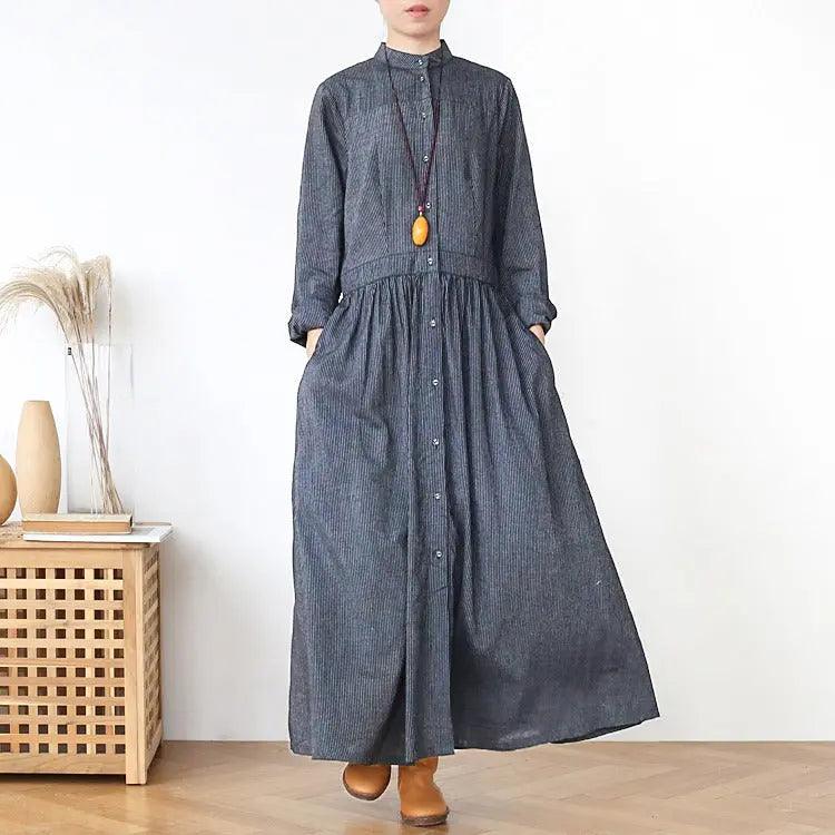linen wrap dress stripe linen summer dresses maxi dress with pockets-Women's dress-Thebesttailor-One size-Gray-Linen-Thebesttailor