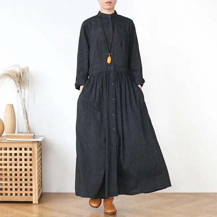linen wrap dress stripe linen summer dresses maxi dress with pockets-Women's dress-Thebesttailor-Thebesttailor