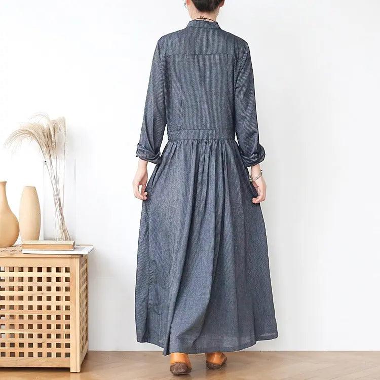 linen wrap dress stripe linen summer dresses maxi dress with pockets-Women's dress-Thebesttailor-Thebesttailor