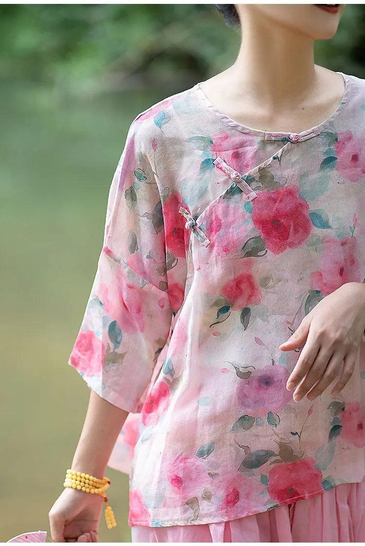 summer tops 3 4 sleeve tops for women linen top-Women's Shirt-Thebesttailor-Thebesttailor