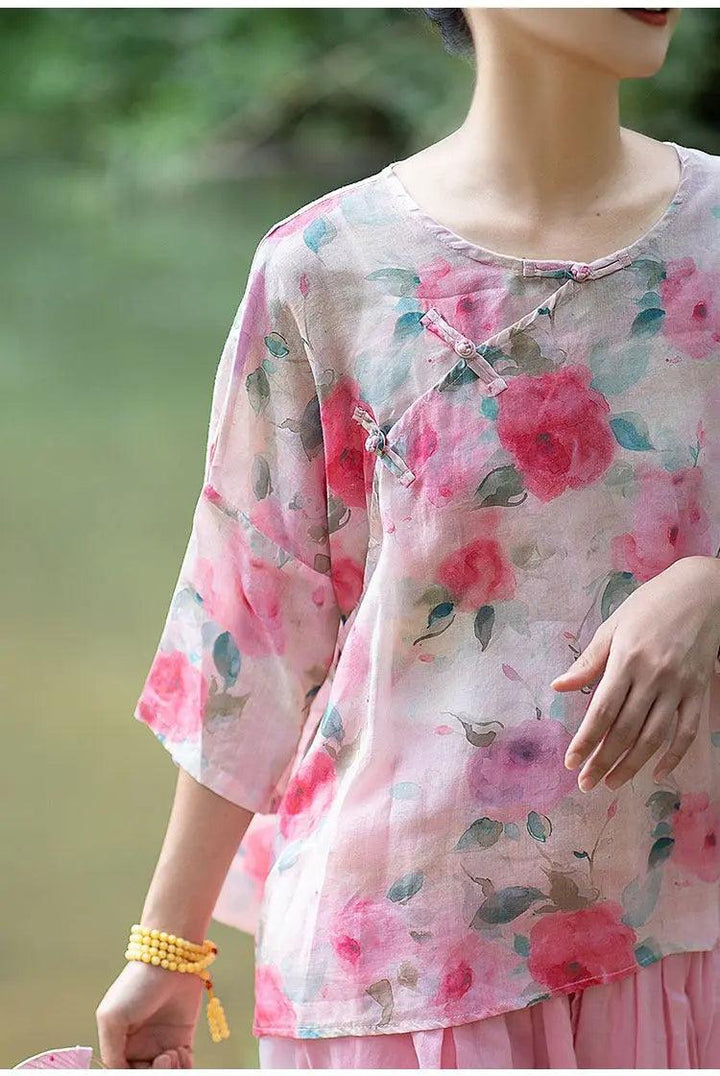 summer tops 3 4 sleeve tops for women linen top-Women's Shirt-Thebesttailor-Thebesttailor