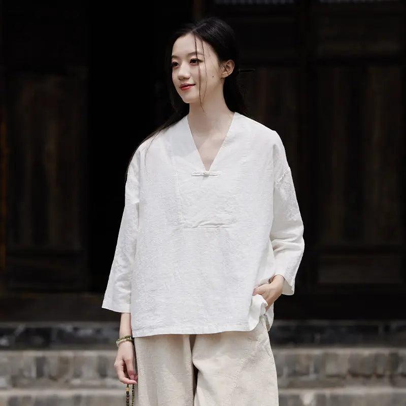 linen shirts women summer tops womens blouses 3 4 sleeve tops-Women's Shirt-Thebesttailor-Thebesttailor