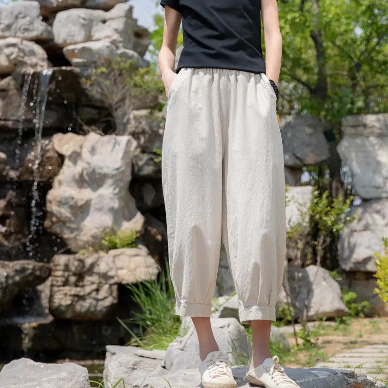 linen pants for woman Bohemian casual tapered pants-Women's pants-Thebesttailor-One size-Beige-Linen-Thebesttailor
