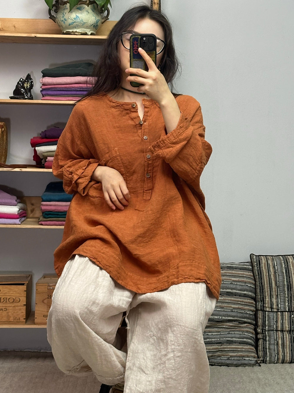 Lightweight Linen Single Breasted Midi Top for Women by Thebesttailor