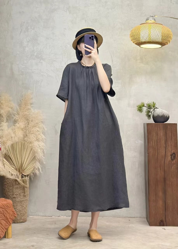 Linen Midi Wrap Dress With Sleeves And Pockets