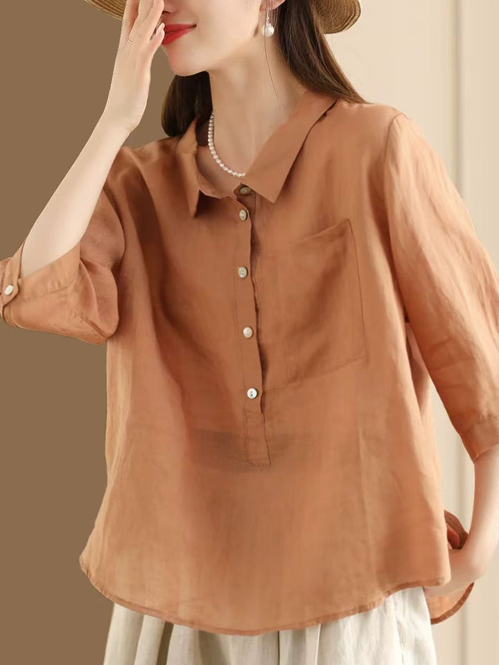 Loose Linen Shirt for Women with Half Sleeves and Lapel Collar
