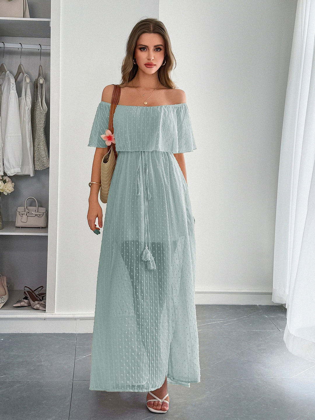 Off Shoulder Maxi Dress for Wedding Guests in Gray Green