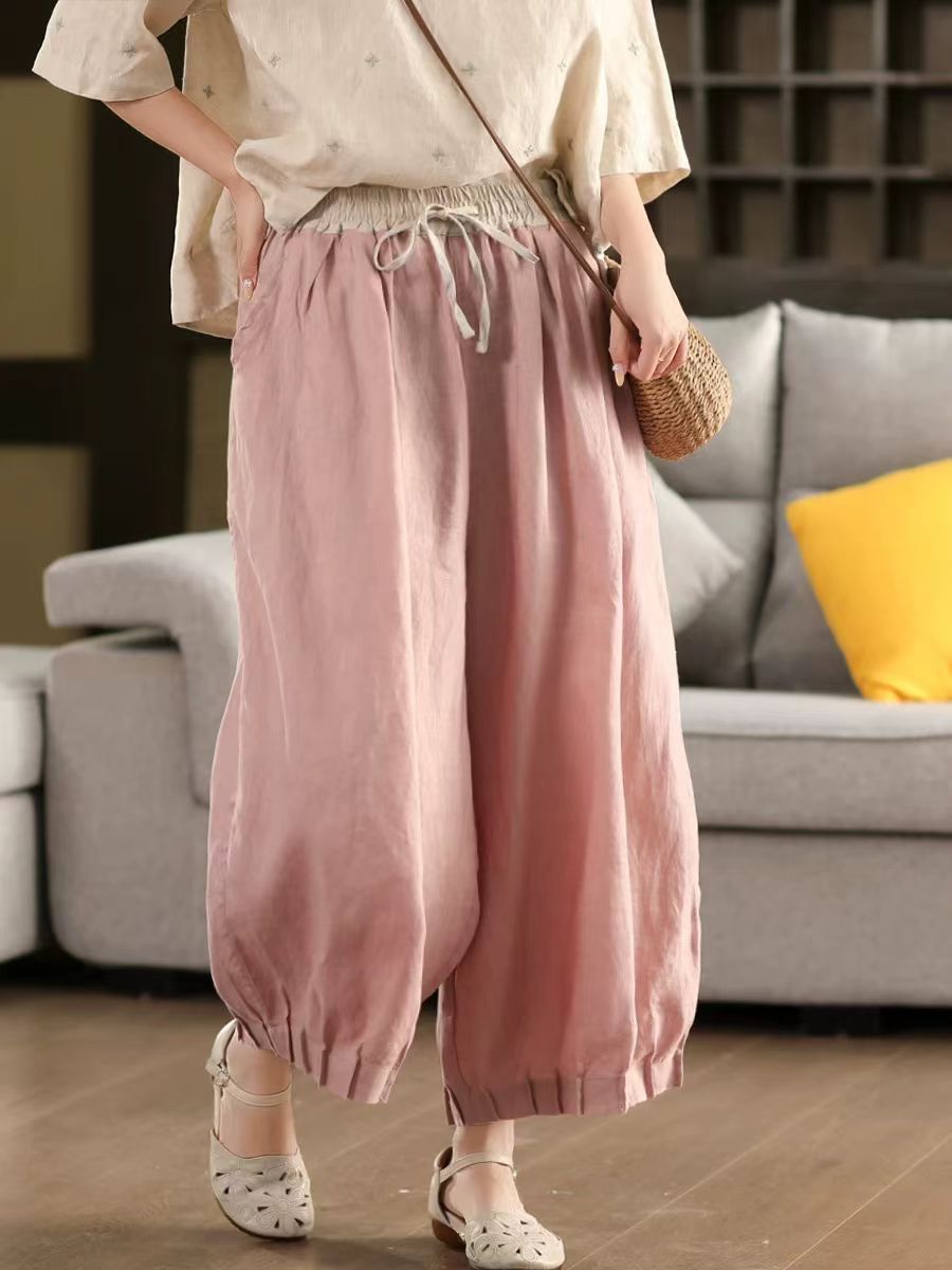 Linen Pleated Elastic Waist Loose Cropped Pants for Women by Thebesttailor