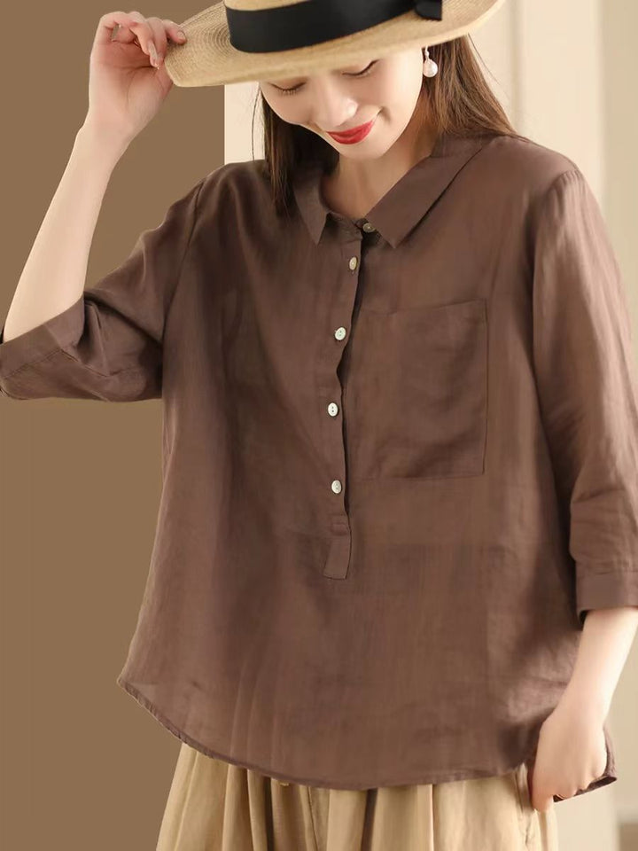Loose Linen Shirt for Women with Half Sleeves and Lapel Collar