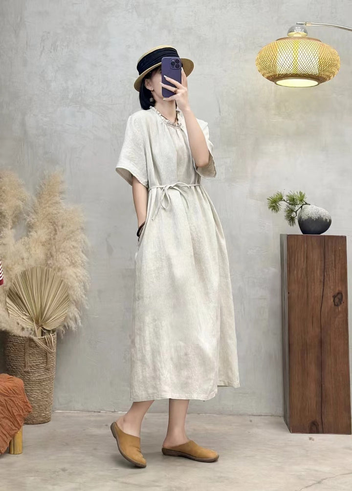Linen Midi Wrap Dress With Sleeves And Pockets