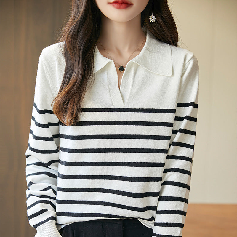 Striped Polo collar long-sleeved base knit top for women