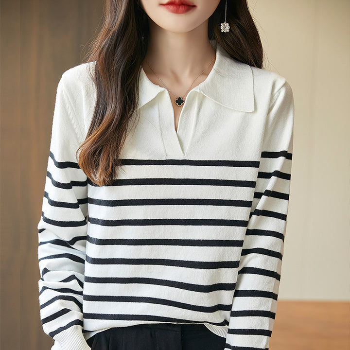 Striped Polo collar long-sleeved base knit top for women