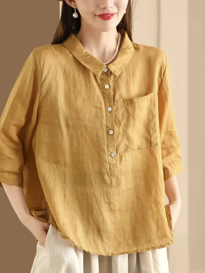 Loose Linen Shirt for Women with Half Sleeves and Lapel Collar