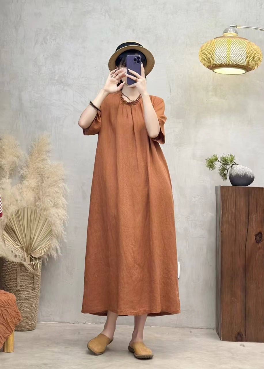 Linen Midi Wrap Dress With Sleeves And Pockets In Orange Black And Linen Color by Thebesttailor