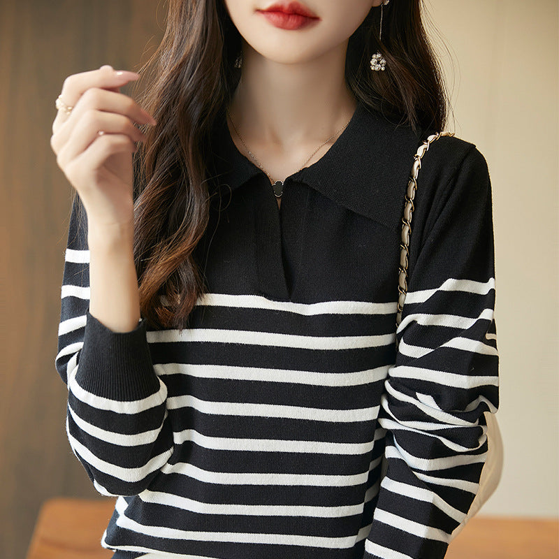 Striped Polo collar long-sleeved base knit top for women