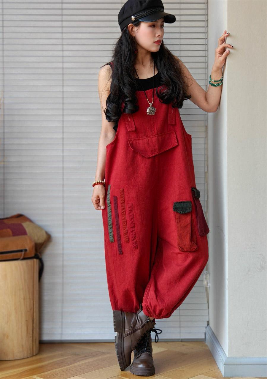 red Denim Retro Drop Crotch Overalls-Women's pants-Thebesttailor-Thebesttailor