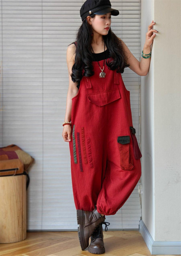 red Denim Retro Drop Crotch Overalls-Women's pants-Thebesttailor-Thebesttailor
