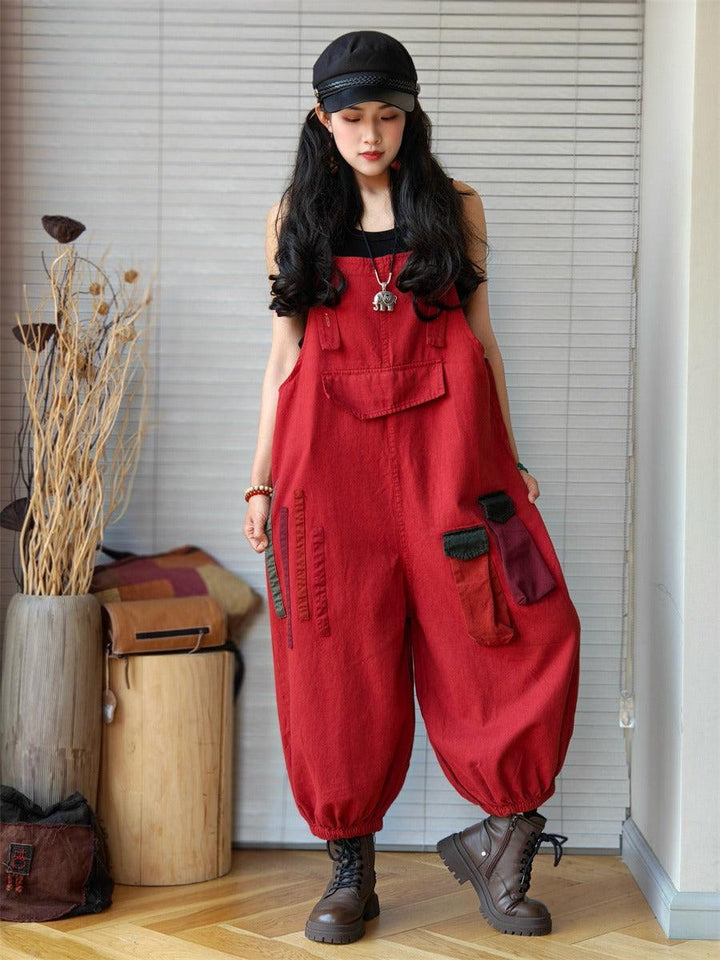red Denim Retro Drop Crotch Overalls-Women's pants-Thebesttailor-Thebesttailor