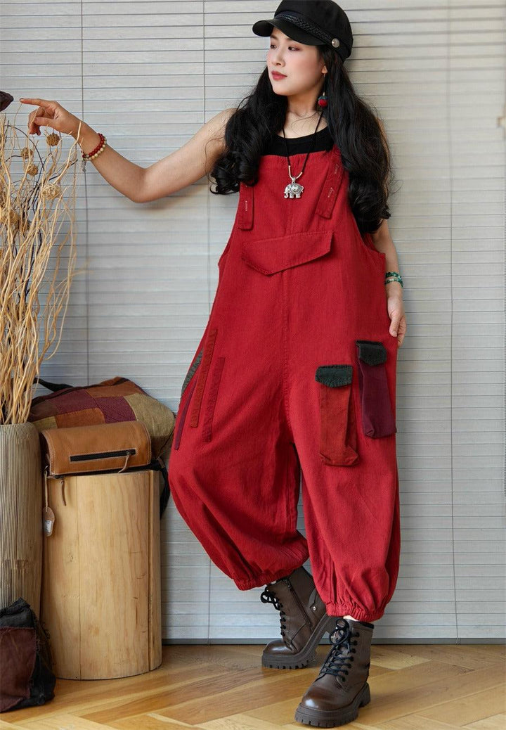 red Denim Retro Drop Crotch Overalls-Women's pants-Thebesttailor-Thebesttailor