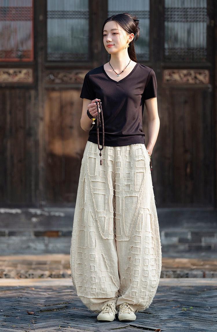 Meditation Elastic Waist Large Loose Trousers linen bloomers women's-Women's pants-Thebesttailor-Thebesttailor