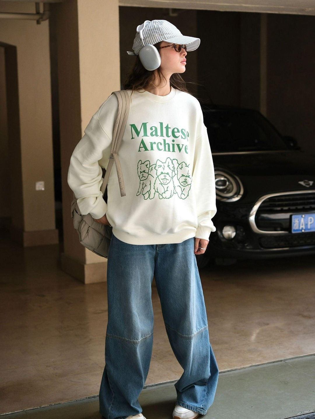 Casual fun dog print sweater loose silhouette comfortable top-Women's coat-Thebesttailor-One size-Beige-Cotton-Thebesttailor
