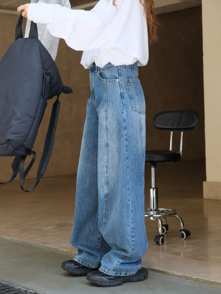 Blue denim high waist wide leg pants-Women's pants-Thebesttailor-Thebesttailor
