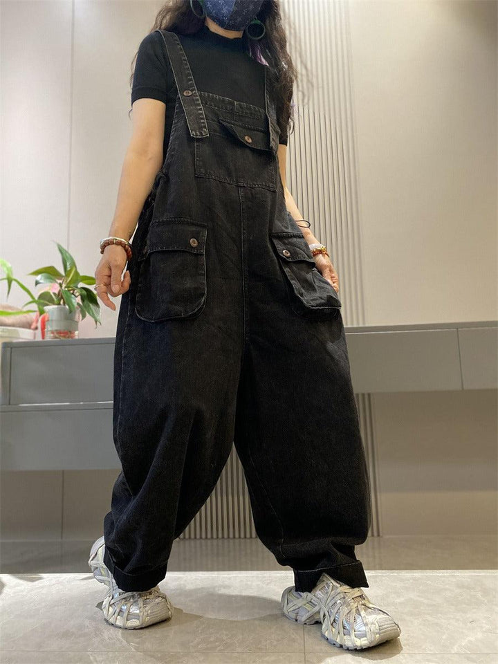 Denim overalls for women retro large pocket overalls-Women's pants-Thebesttailor-One size-Black-Denim-Thebesttailor