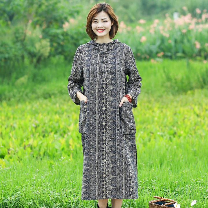 Bohemian Hooded Linen Midi Dress with Long Sleeves and Artistic Prints-Women's dress-Thebesttailor-One size-Blue-Linen-Thebesttailor