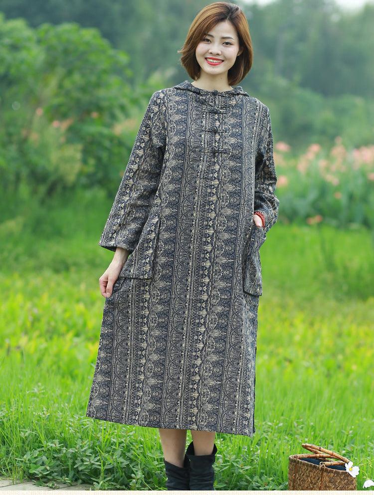 Bohemian Hooded Linen Midi Dress with Long Sleeves and Artistic Prints by Thebesttailor