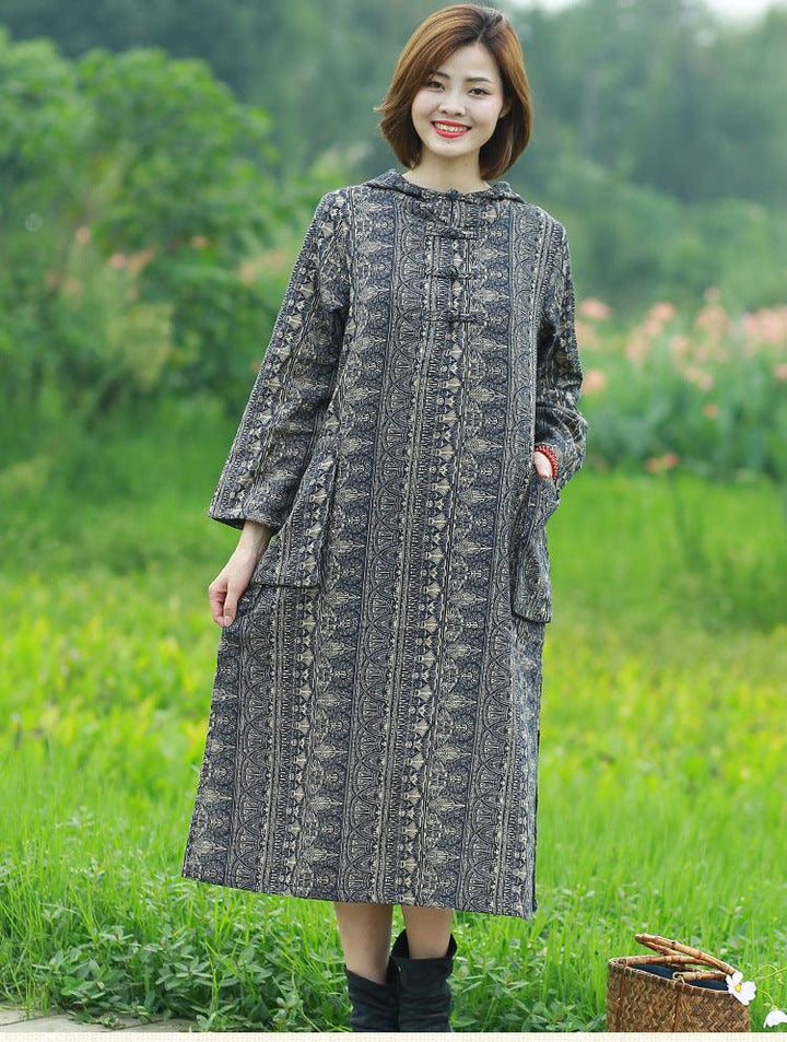 Bohemian Hooded Linen Midi Dress with Long Sleeves and Artistic Prints-Women's dress-Thebesttailor-Thebesttailor