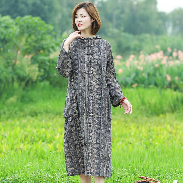 Bohemian Hooded Linen Midi Dress with Long Sleeves and Artistic Prints-Women's dress-Thebesttailor-Thebesttailor