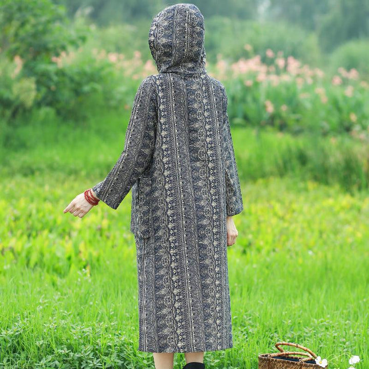 Bohemian Hooded Linen Midi Dress with Long Sleeves and Artistic Prints-Women's dress-Thebesttailor-Thebesttailor