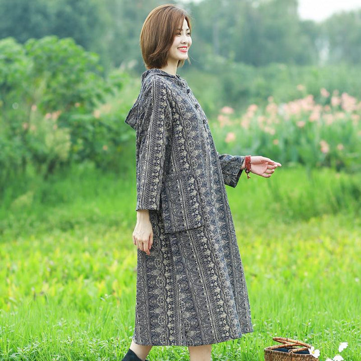 Bohemian Hooded Linen Midi Dress with Long Sleeves and Artistic Prints-Women's dress-Thebesttailor-Thebesttailor