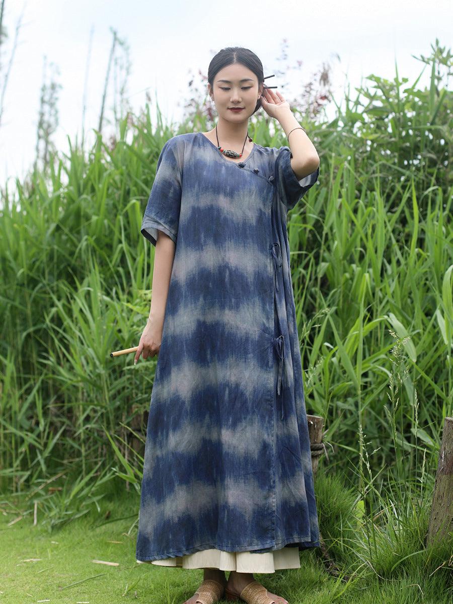 Bohemian Blue Striped Silk Tie-Dye Half-Sleeved Dress by Thebesttailor