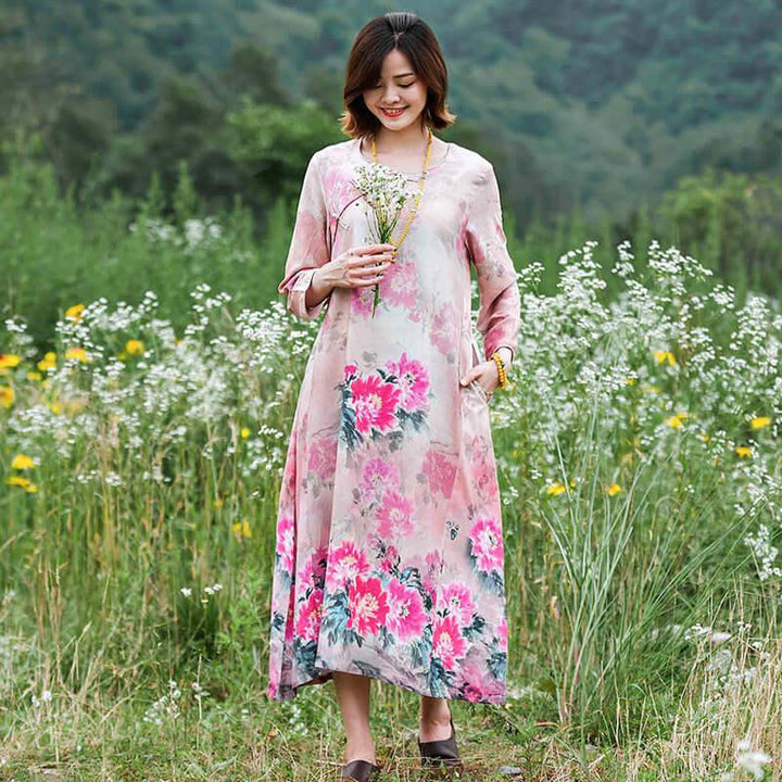 Stylish Women's summer cotton dresses Pink peony flower long dress with bracelet sleeves perfect for holidays.