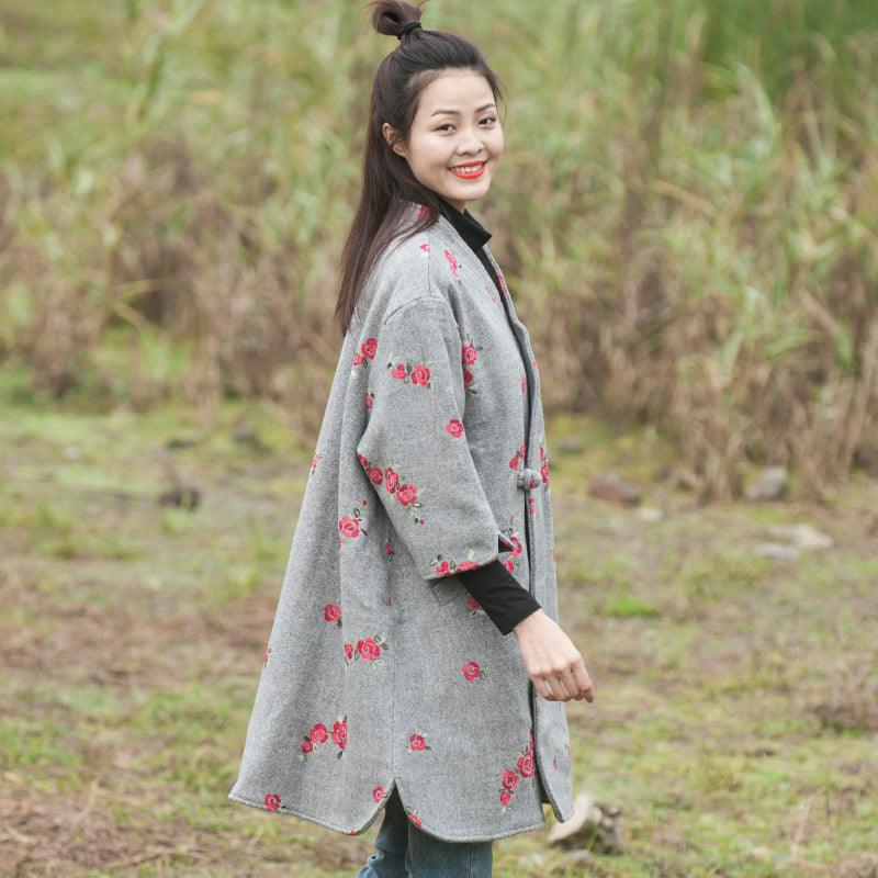 Wool blend grey coat embroidered mid-length coat by Thebesttailor