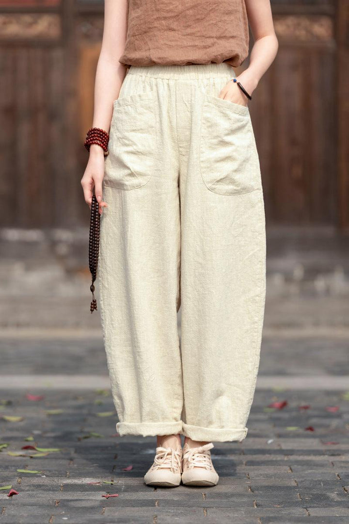 best ladies pull on trousers elasticated waist loose linen harem pants Thebesttailor