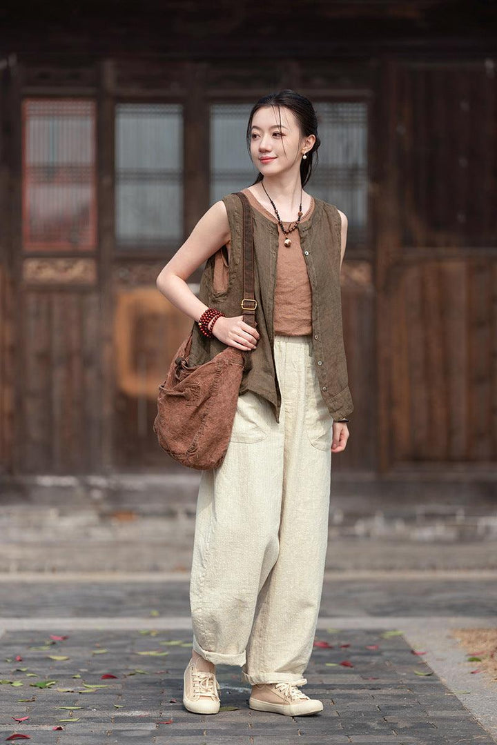 best ladies pull on trousers elasticated waist loose linen harem pants Thebesttailor