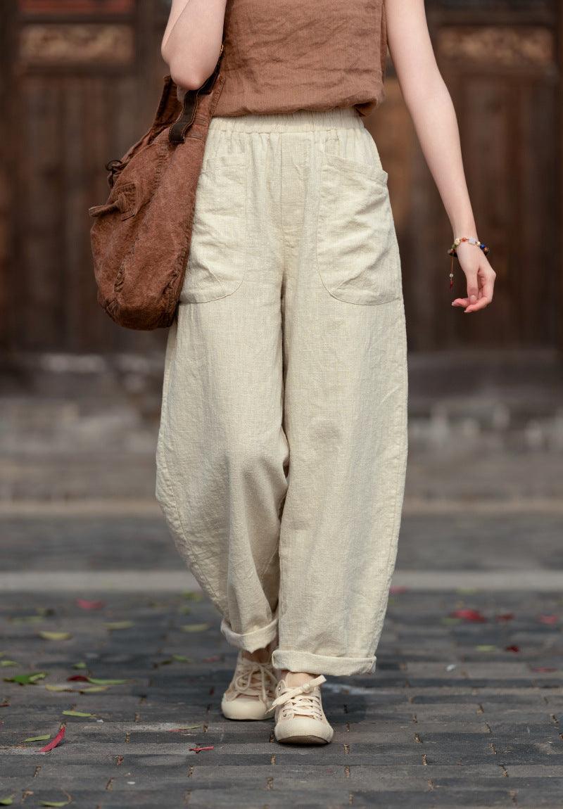 best ladies pull on trousers elasticated waist loose linen harem pants Thebesttailor