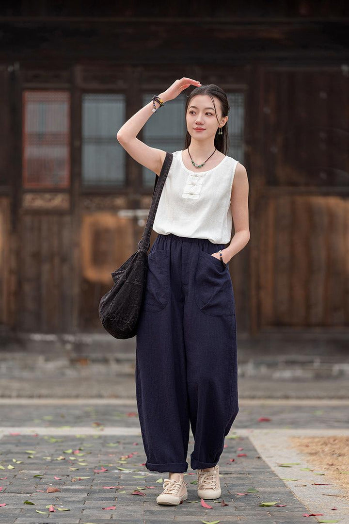 best ladies pull on trousers elasticated waist loose linen harem pants Thebesttailor