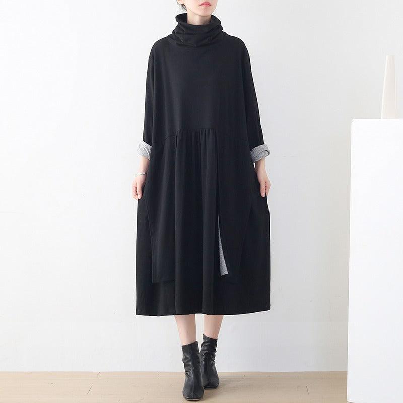 Women's Long Sleeve Dress Stylish Asymmetrical Black Cotton Dress Thebesttailor