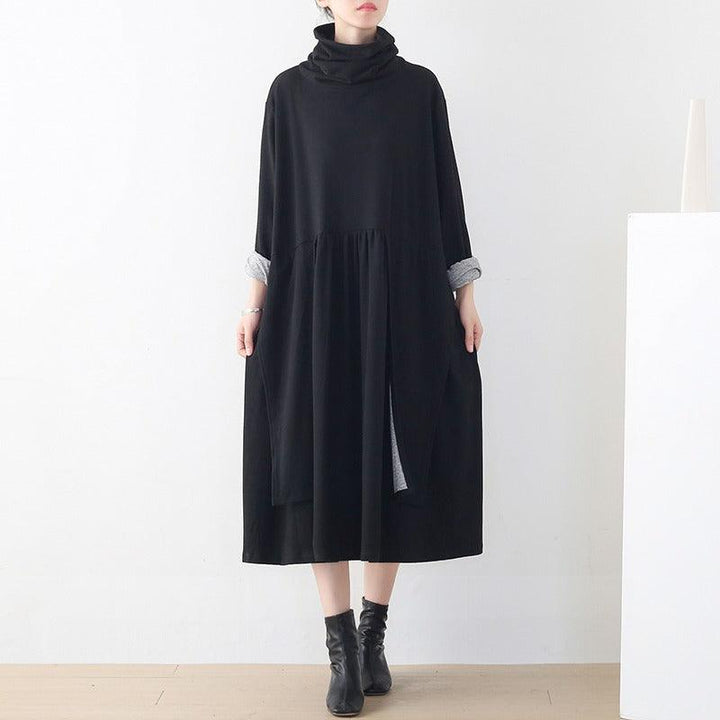 Women's Long Sleeve Dress Stylish Asymmetrical Black Cotton Dress Thebesttailor