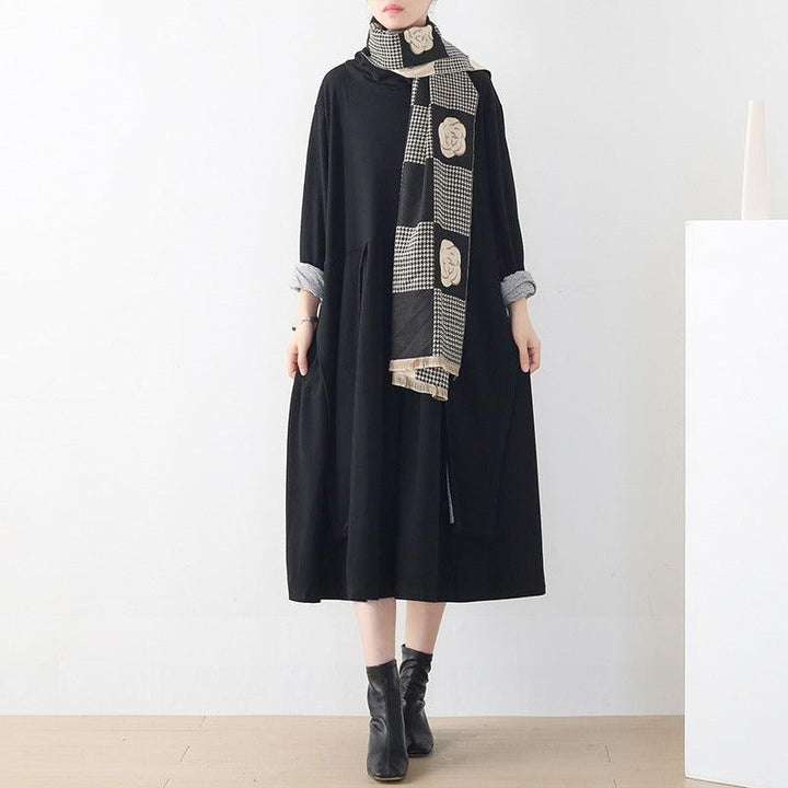 Women's Long Sleeve Dress Stylish Asymmetrical Black Cotton Dress Thebesttailor