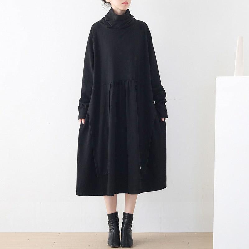 Women's Long Sleeve Dress Stylish Asymmetrical Black Cotton Dress Thebesttailor