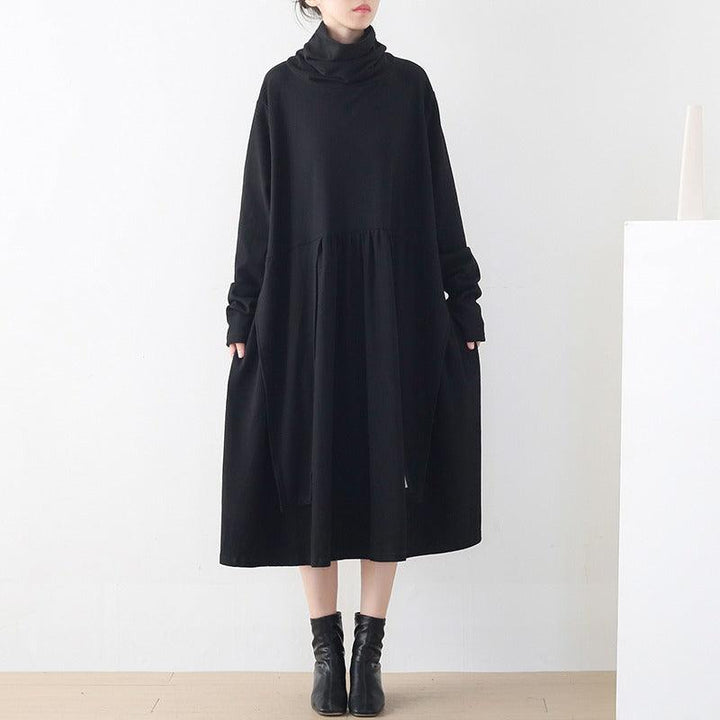 Women's Long Sleeve Dress Stylish Asymmetrical Black Cotton Dress Thebesttailor