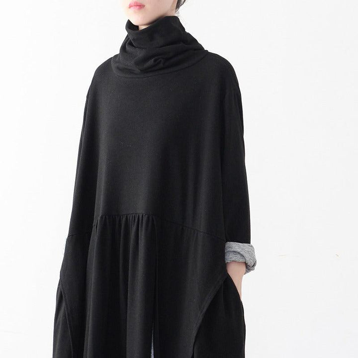 Women's Long Sleeve Dress Stylish Asymmetrical Black Cotton Dress Thebesttailor