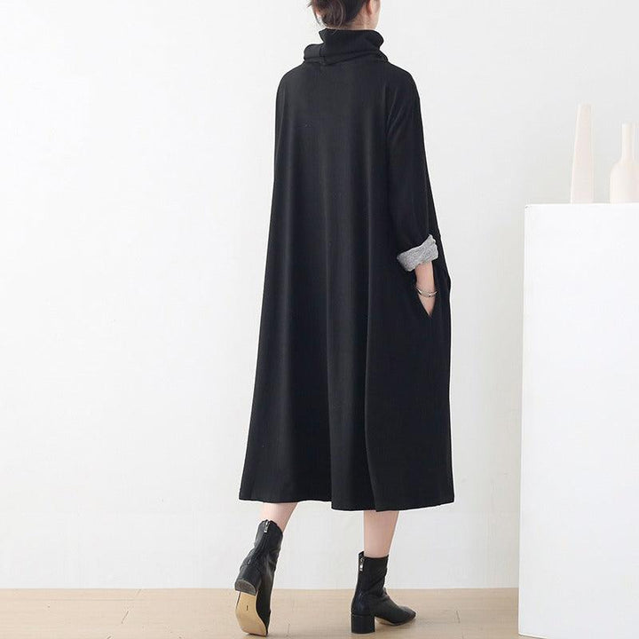 Women's Long Sleeve Dress Stylish Asymmetrical Black Cotton Dress Thebesttailor