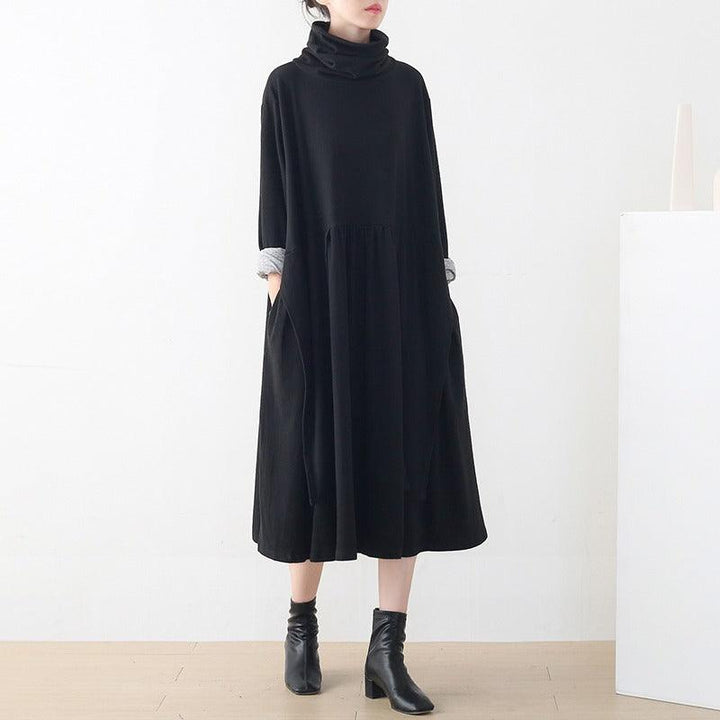 Women's Long Sleeve Dress Stylish Asymmetrical Black Cotton Dress Thebesttailor