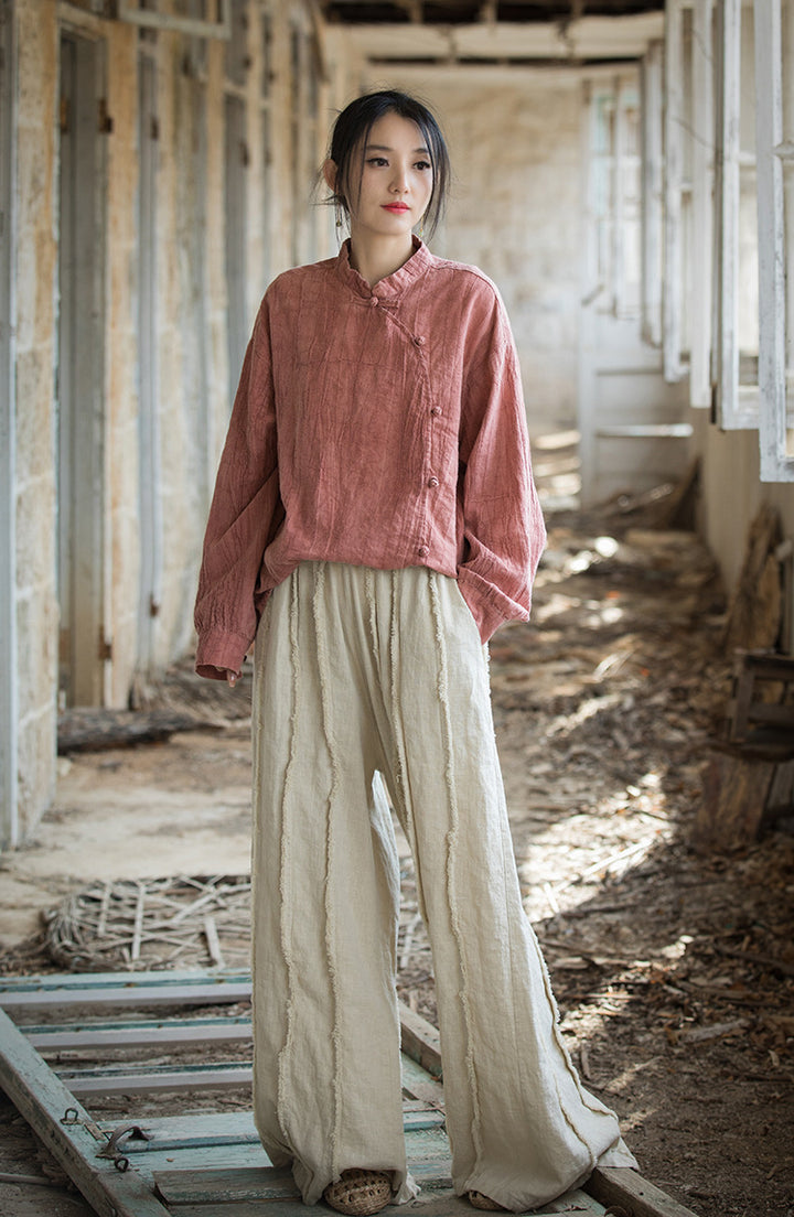 New Chinese Linen Tie-Dyed Casual Blouses for Work